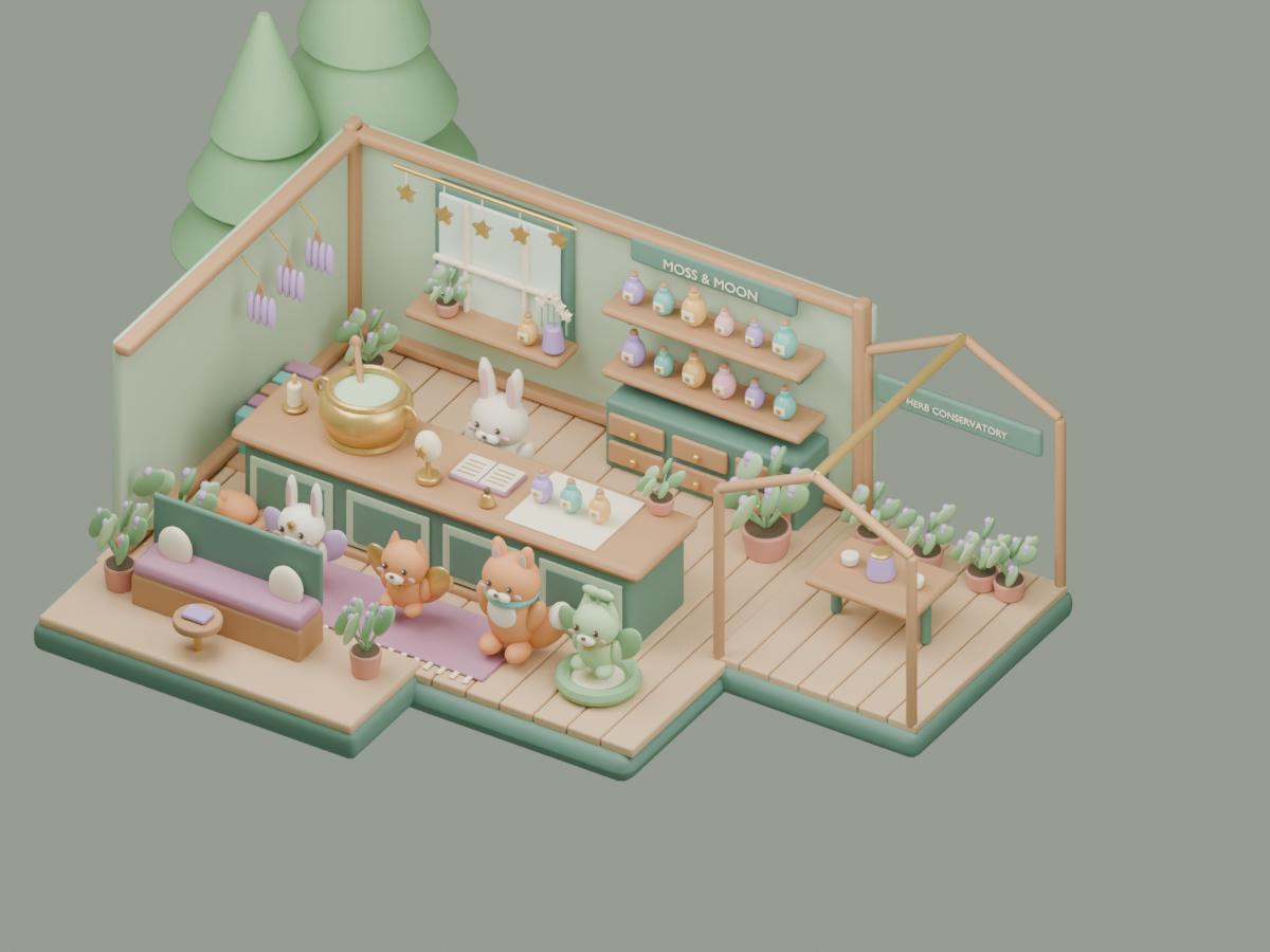 A tiny woodland apothecary with a bunny shopkeeper, magical familiars, potion shelves and a herb conservatory